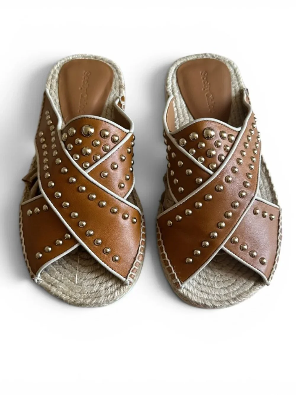 See By Chloé Pia Studded Leather Espadrille Slide Sandals Brown EU 37 US 7